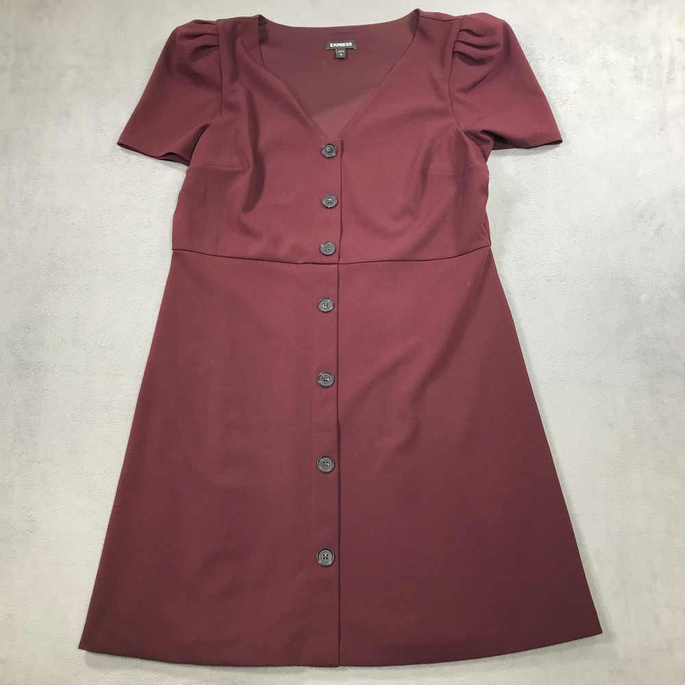 Express Button Front Dress Womens Large Burgundy Excellent Puff Sleeve Mini